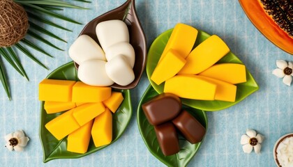 Aesthetic tropical snack arrangement with colorful sweets on leaf shaped plates