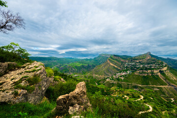 Dramatic landscape of the picturesque Gunib plateau in stormy weather on the Dagestan highlands. North Caucasus. Russia