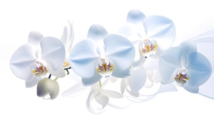 Soft, pale blue orchids arranged elegantly against a white backdrop