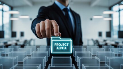 Project Alpha concept design management businessman holding luminous icon innovative modern technology futuristic