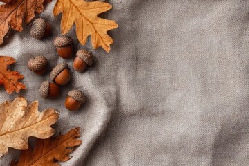 Autumn acorns and leaves on textured fabric