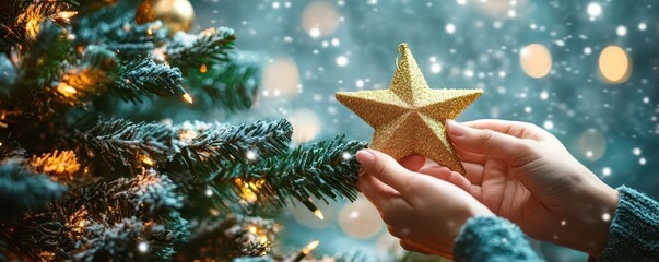 Closeup of hands holding a golden star ornament against a blurred background of a Christmas tree with twinkling lights.
