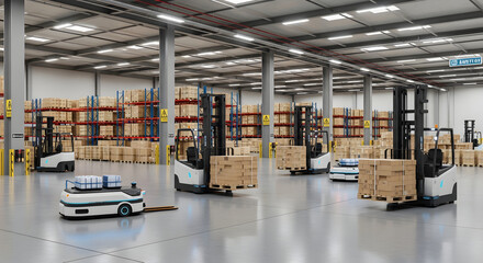Advanced automated warehouse with robotic forklifts and AMRs handling goods, showcasing modern logistics and smart industry 4.0