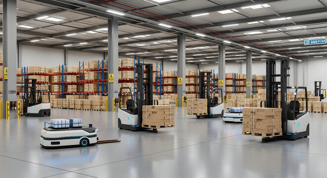 Advanced automated warehouse with robotic forklifts and AMRs handling goods, showcasing modern logistics and smart industry 4.0