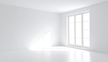 Fototapeta premium Sunlit empty room, white walls, floor, and large window