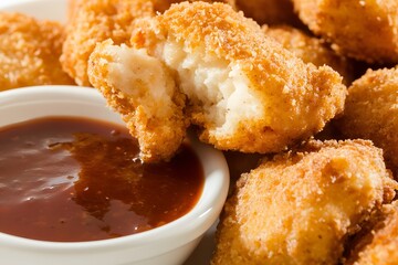 Chicken nuggets in dipping sauce, golden crispy texture, white plate, close-up composition.