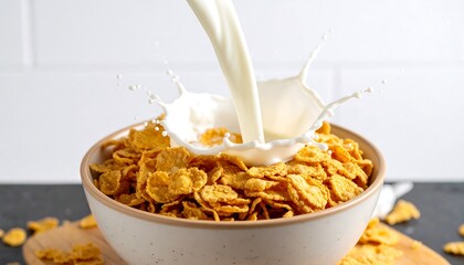 Milk pouring into a bowl of cornflakes, creating a splash (1)