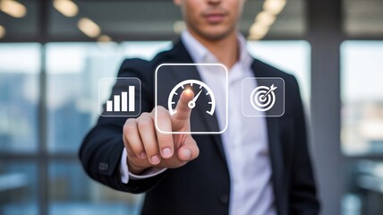 Business Man Dashboard Goal Management Performance Digital Growth Strategy Businessman Hand Targeting Icon Data Analysis