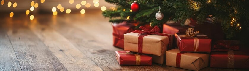 Pile of wrapped presents under a Christmas tree