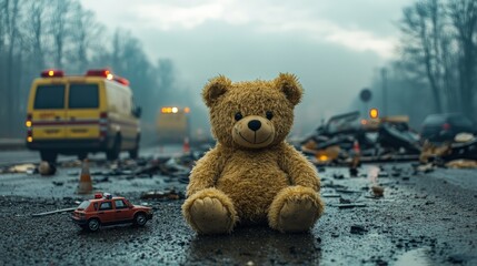 Teddy bear sits amidst wreckage