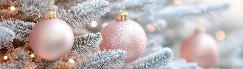 Close-up of pink Christmas ornaments on a snowy Christmas tree.