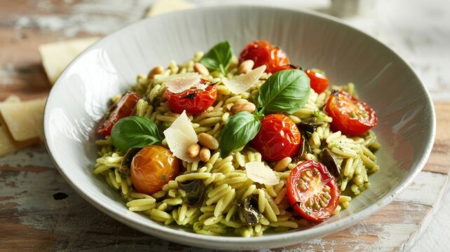 Orzo pasta sprinkled with thick basil pesto. Juicy baked cherry tomatoes and toasted pine nuts are laid out on top, and delicate parmesan shavings lightly sprinkle the dish.