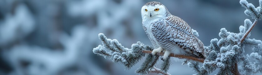 Fototapeta premium Snowy owl perched on a frosted branch in winter