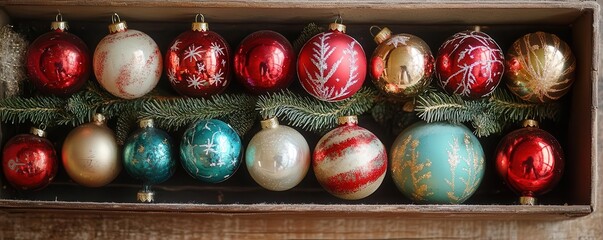 Assortment of vintage Christmas ornaments in a wooden box.