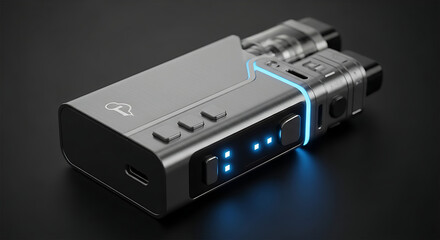 Close up shot of a grey vaping device with blue lights on a dark surface in a studio setting ai generated