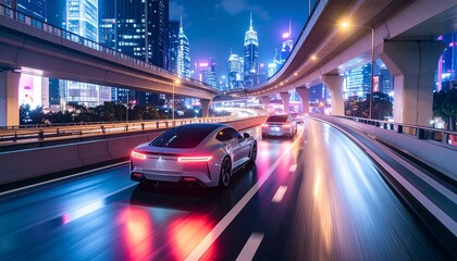 Fototapeta premium Futuristic high-tech cars racing on an elevated highway in a neon cyberpunk city at night, motion blur effects.