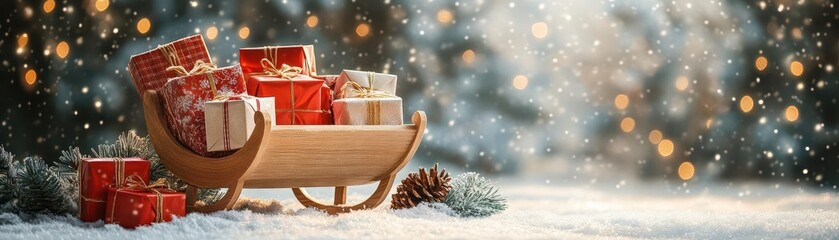 Wooden sleigh filled with presents in a snowy winter forest.