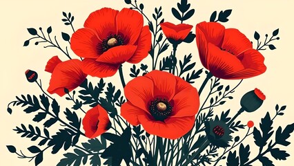 A beautiful bouquet of red poppies with dark leaves