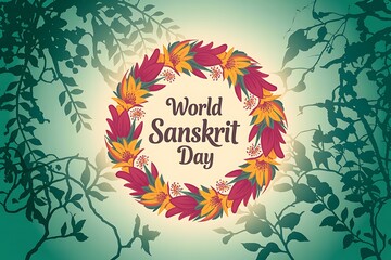 Celebrate World Sanskrit Day with vibrant floral wreath and lush greenery background