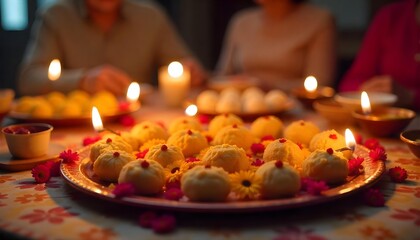 Obraz premium Diwali celebration with decorative rangoli and lit diyas, highlighting the joy of the Festival of Lights