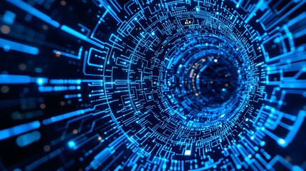 Dive into a vibrant neon blue digital data tunnel with glowing circuit board patterns and futuristic light effects
