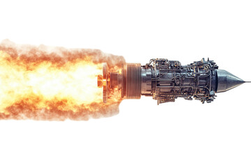 Powerful jet engine with flames isolated, detailed illustration on transparent background