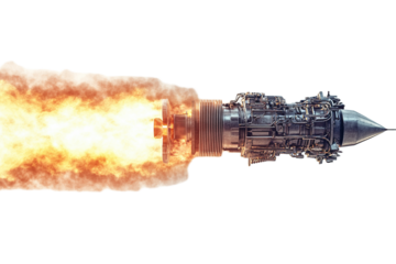 Powerful jet engine with flames isolated, detailed illustration on transparent background
