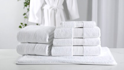 Neat stacks of fluffy white bath towels and a mat on a table