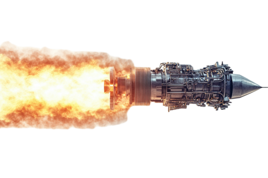 Powerful jet engine with flames isolated, detailed illustration on transparent background