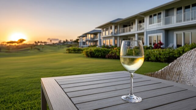 Glass of white wine on a patio table overlooking a golf course at sunset.