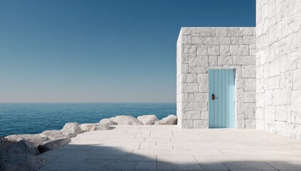 Coastal white stone building with light blue door