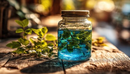 Blue liquid in glass jar, surrounded by greenery on a rustic wooden surface