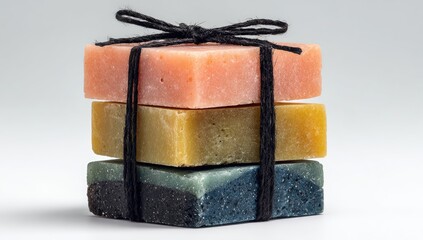 Three colorful, square soaps stacked vertically, tied with dark twine