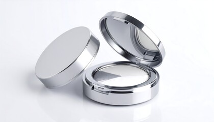 Two silver compact cases, one open, showcasing a white cosmetic inside, on a reflective surface