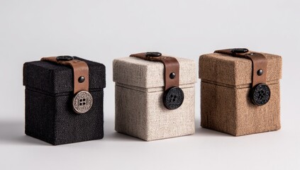 Three small square boxes, dark gray, light beige, and light brown, with brown leather straps and metal buttons