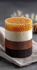Honeycomb layered dessert on linen napkin