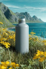 Gray water bottle amidst wildflowers and mountains overlooking a tranquil ocean