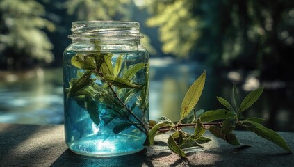 Glass jar filled with teal water and leaves, outdoors, natural light
