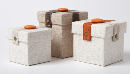Three light beige gift boxes, varying sizes, with orange buttons and brown leather-like trim