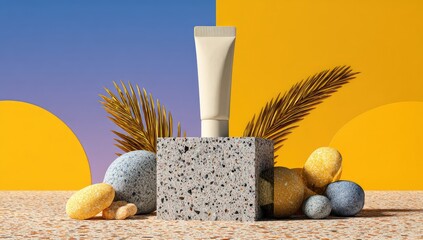 Cream tube on a stone pedestal, surrounded by golden leaves and pastel orbs