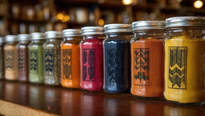 Row of colorful spice jars