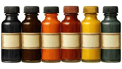 Row of small glass bottles, various colors, with vintage-style labels