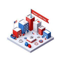 Fototapeta premium Festive American city celebrating labor day with red white and blue buildings and industrial elements