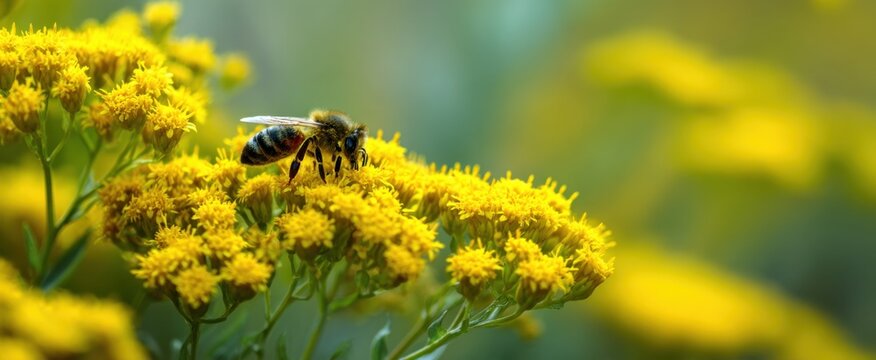 A honeybee diligently gathers nectar from a vibrant cluster of goldenrod flowers, creating a beautiful scene of nature's harmony and industriousness