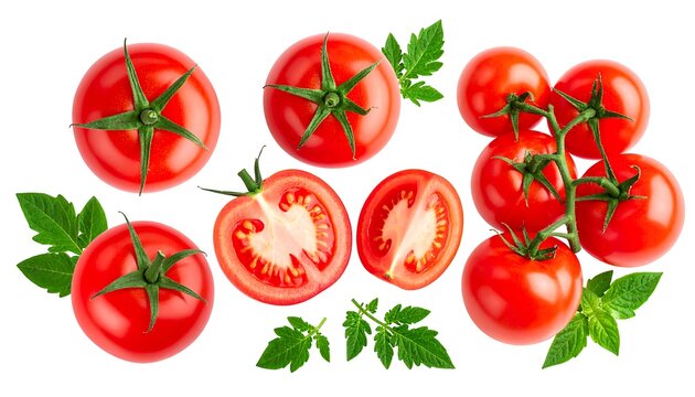 Overhead view of assorted ripe red tomatoes and green leaves on white background