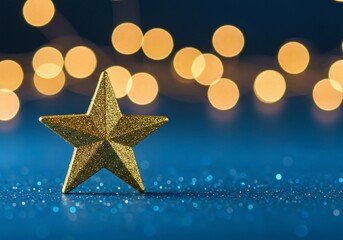golden christmas background with stars, Golden star award sits on dark blue surface, sparkling with bokeh lights, confetti. Represents first place victory in computer games, top performance, employee 