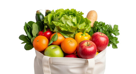 Fresh healthy organic vegetables and fruits in a reusable shopping bag isolated on transparent background