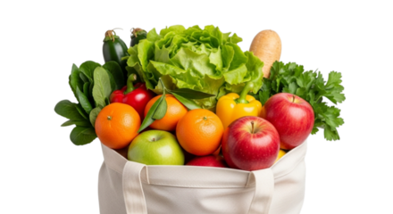 Fresh healthy organic vegetables and fruits in a reusable shopping bag isolated on transparent background