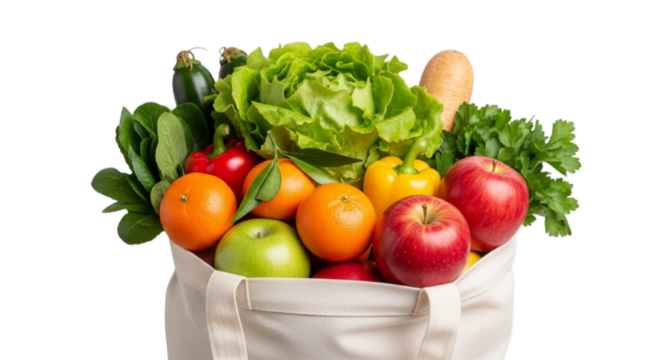 Fresh healthy organic vegetables and fruits in a reusable shopping bag isolated on transparent background - Powered by Adobe