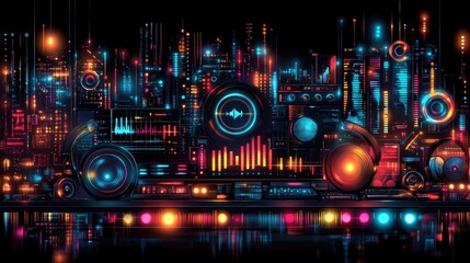 Futuristic sound system cityscape